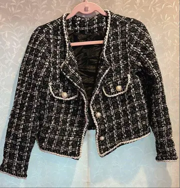 트위드 노카라 자켓 펄 버튼 포함