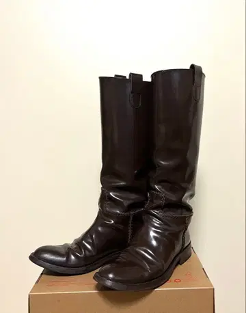 [레어] 이탈리아제 유리 가죽 가공 다크 브라운 롱 부츠