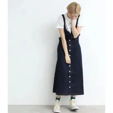 다크 데님 버튼 오버롤 스커트