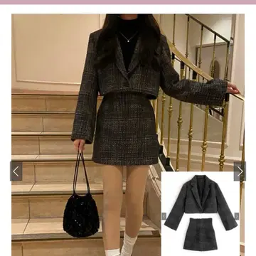 트위드 숏 기장 자켓 x 미니 스커트 셋업 블랙