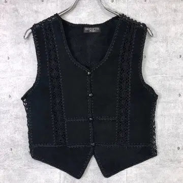 보헤미안 구제 의류 크로쉐 니트 절개 피그스킨 가죽 패치워크 베스트