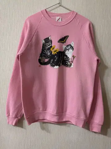 *빈티지 구제 의류* 90s 새끼 고양이 패턴 맨투맨 트레이닝복 핑크