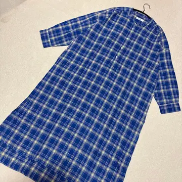 파랑과 옐로우 컬러의 체크 무늬 롱 셔츠 원피스 빅 체크 원피스 니코앤드