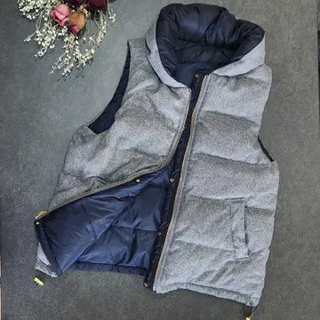 후드 부착 그레이 네이비 다운 베스트 리버서블 다운 80%