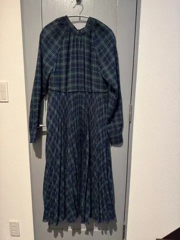 체크 무늬 롱 원피스 네이비 그린