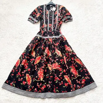 기장 128cm 핑크하우스 롱 원피스 깅엄 체크 체리