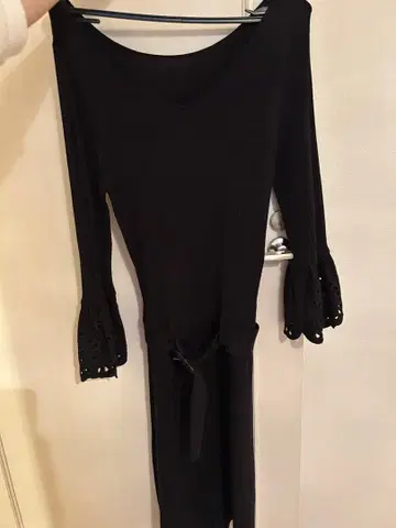 [ 블랙 리브 니트 롱 원피스