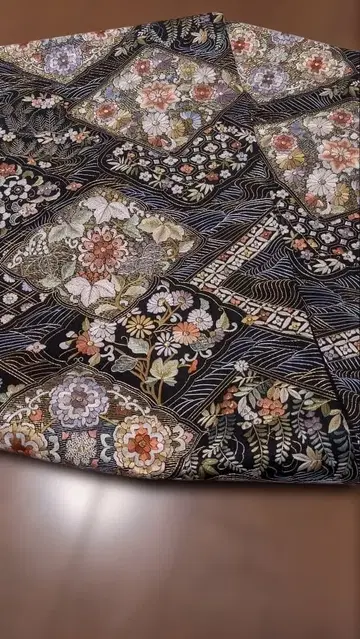 사가라 자수 블랙 후쿠로 오비 금색 화문 금실 순수 실크 미사용