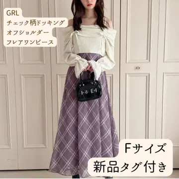 [택 포함 새상품] GRL 체크 무늬 도킹 오프숄더 플레어 원피스