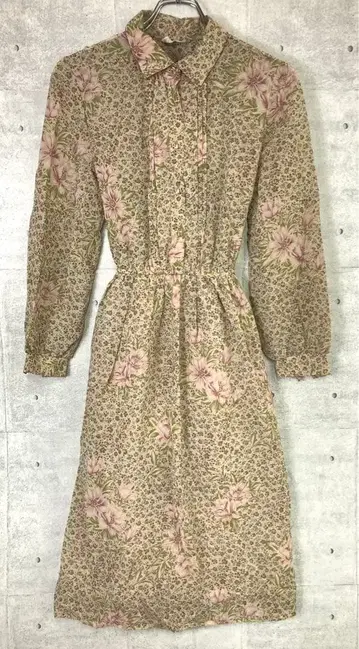 쇼와 레트로 구제 의류 리본 타이 꽃무늬 턱 셔츠 허리 쉐이프 원피스