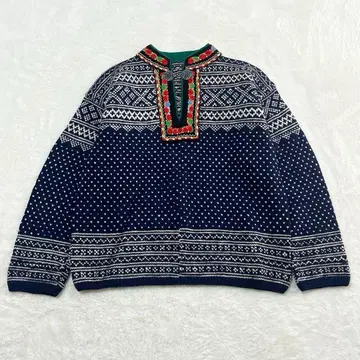 티롤리안 니트 스웨터 메탈 후크 노르딕 두꺼운 버즈 아이 자수 파랑