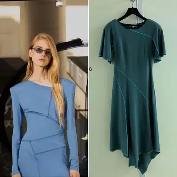 [ KOCHE ] GREEN 스티치+패널 파워 숄더 원피스