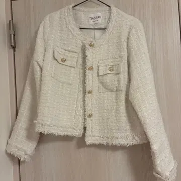 화이트 노카라 트위드 자켓