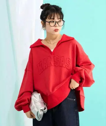 KANSAS 자수 빨간색 오버 사이즈 트레이닝복