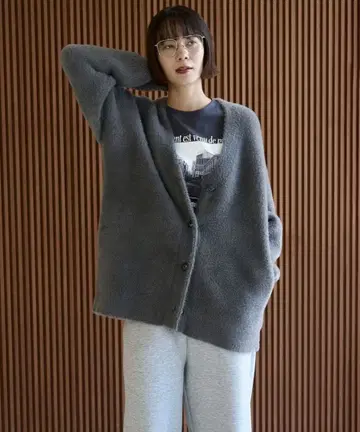 안피로 나일론 샤기 V넥 가디건