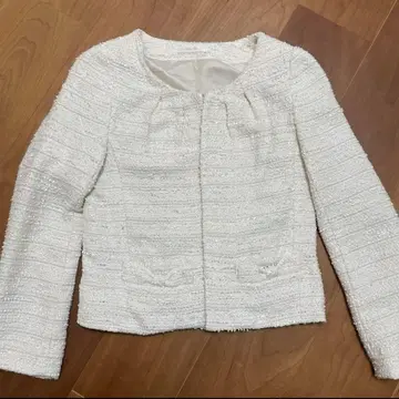 화이트 트위드 노카라 자켓 M