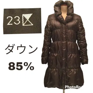 23구 다운 코트 롱 다운 85% 브라운 38 벨트 후드 부착