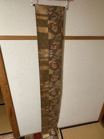 [ H ] 순수 실크 후쿠로 오비 금실 부채 문양 길상 패턴