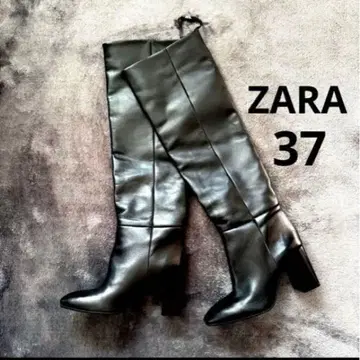ZARA 블랙 니하이 부츠 소가죽 37