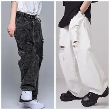 ADRER 데미지 데님 세트 화이트 블랙