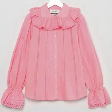 새상품급 뮤베르 프릴 레이스 칼라 코튼 린넨 셔츠 핑크 38