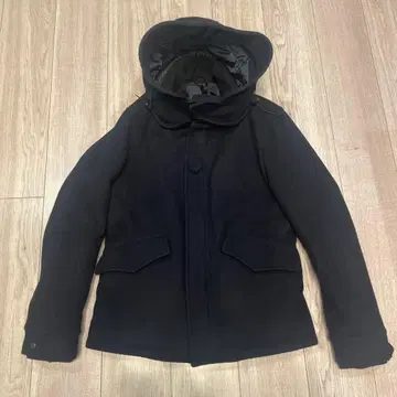 네이비 울 혼방 피 코트 후드 부착