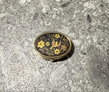 스페인산 상감 세공 브로치 꽃과 새 모티브 금채 앤티크