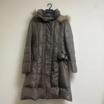 브라운 후드 부착 롱 다운 자켓