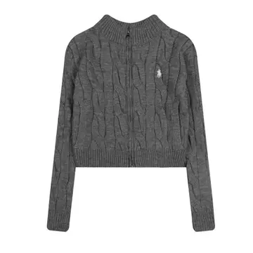 RL 폴로 로고 케이블 니트 크롭 가디건 그레이