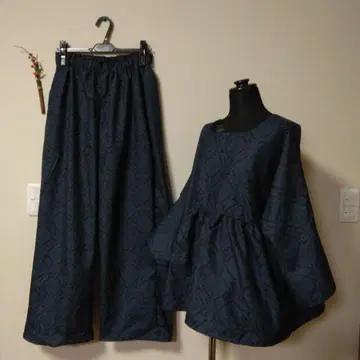 기모노 리메이크 (명주) 다크 블루 기하학 패턴 셋업