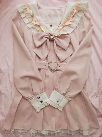 세일러 비쥬 레이스 프릴 원피스 핑크 디어마이러브 긴팔 겨울 의류