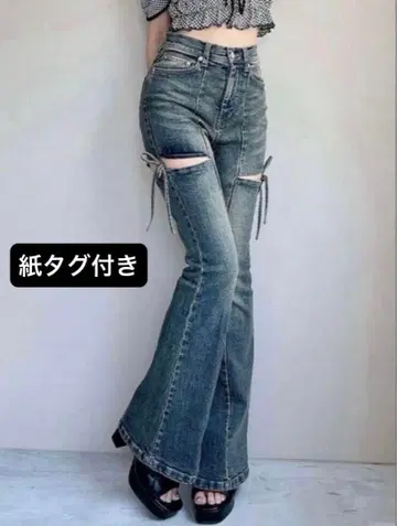 정품 RESEXXY 컷 아웃 리본 데님 팬츠 데님 청바지 블루