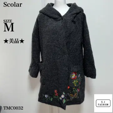 스칼라 멜톤 코트 울 후드 부착 꽃무늬 자수 M 사이즈 다크 그레이
