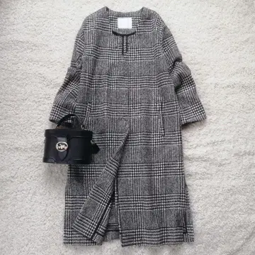 리브 드와 노카라 글렌체크 코트 골드 버튼 프리 울 혼방 실크 혼방