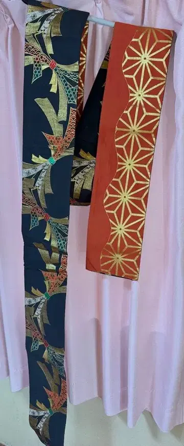 기모노용 오비 파랑 비금속 금색 리본 빨간색 오비