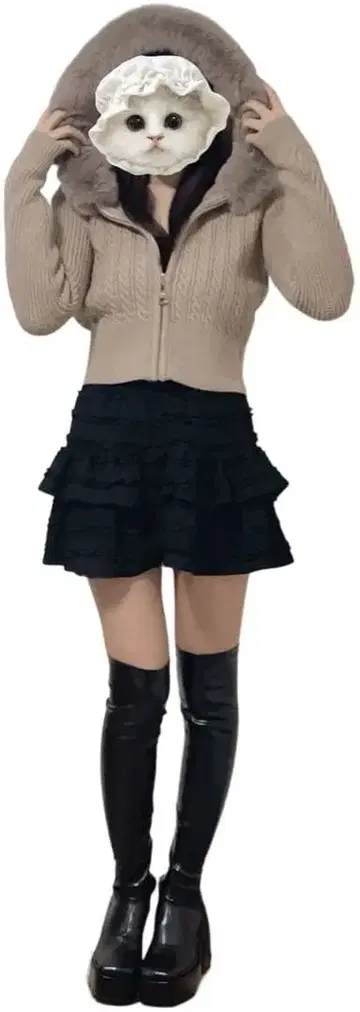 세트 판매 퍼 니트와 프릴 미니 스커트와 니하이 부츠