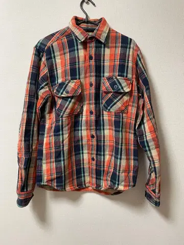 S & SONS 오렌지 x 네이비 체크 셔츠 M 코튼 100%