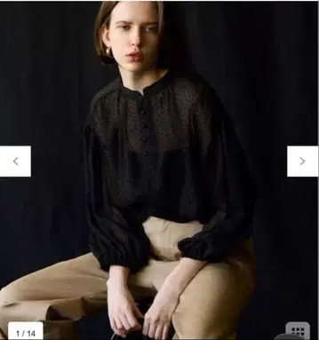 23구 도트 플로키 볼륨 슬리브 블라우스 블랙 38