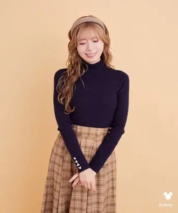 Areeam 미키 리브 니트 터틀넥 니트 네이비