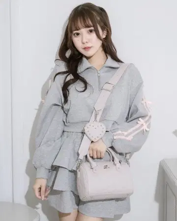 pium 하트 파우치 포함 퀼팅 보스턴 백 핑크