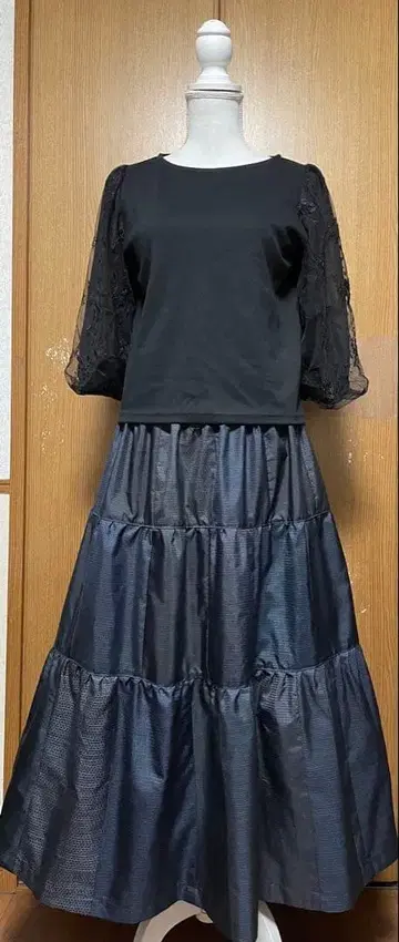 기모노 리메이크 심플 남색 계열 오시마 패치워크 캉캉 스커트