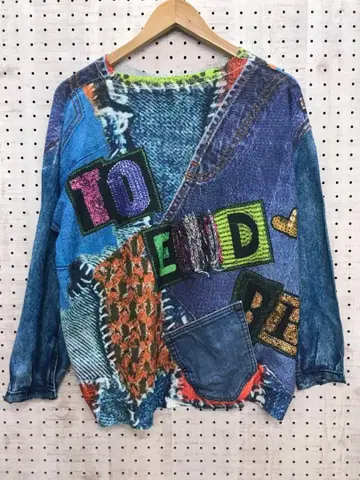 00's 키치코어 구제 의류 니트 티셔츠 데님 패턴 트롱프뢰유