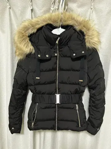 ZARA 퍼 후드 다운 자켓 블랙 S 벨트 포함