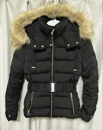 ZARA 퍼 후드 다운 자켓 블랙 S 벨트 포함
