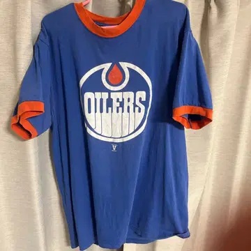 OILERS 로고 티셔츠 파랑과 오렌지 링거 티셔츠