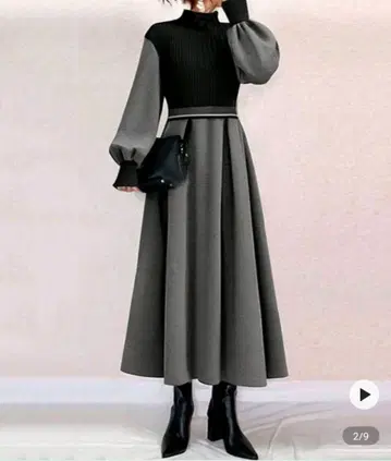 롱 원피스 그레이 블랙 하이넥 포멀 M