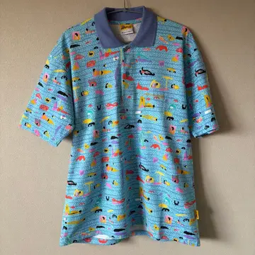 새상품급 Ken Done 호주산 올 패턴 프린트 피케 셔츠 스카이블루