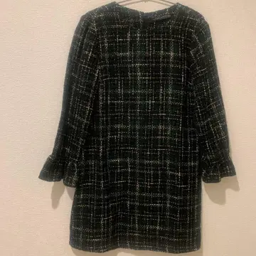 그린 계열 체크 무늬 플레어 슬리브 원피스