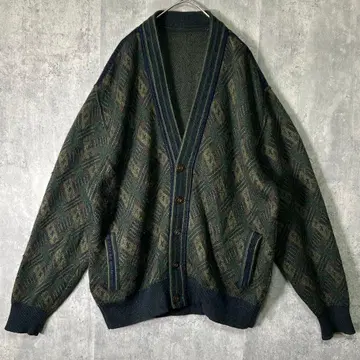 스페인산 60% 모헤어 니트 가디건 올 패턴 그린 빈티지