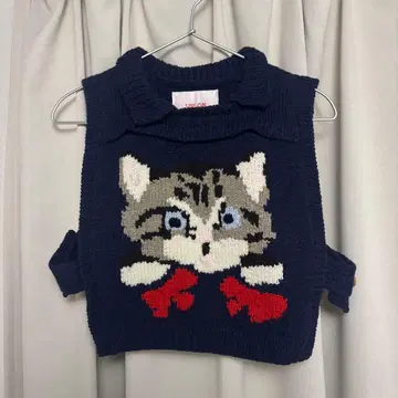 SIIILON 고양이 베스트 니트 네이비